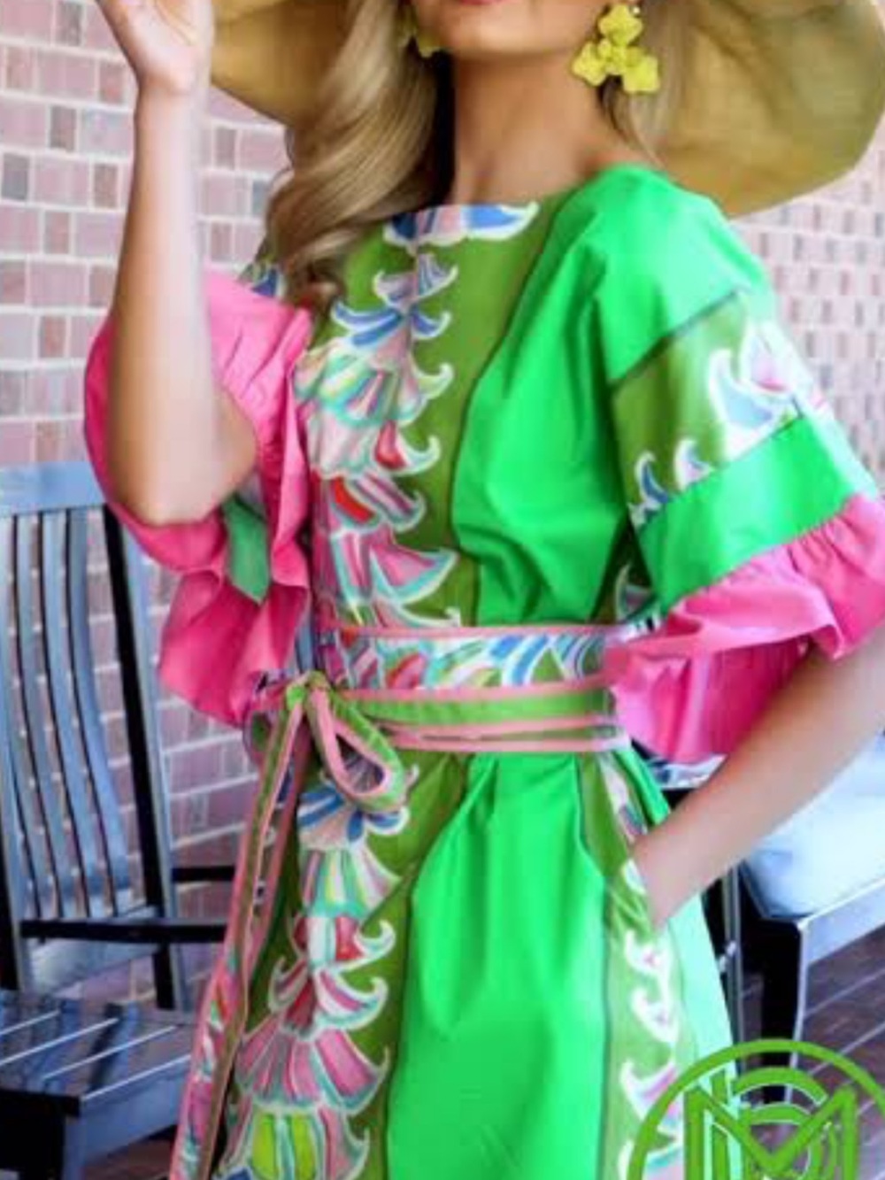 HOUSE OF MBR dress Bright Green accented Women's short dress with Pink Trim